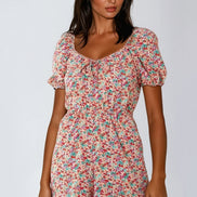 Pink Floral Sweetheart Neckline Playsuit