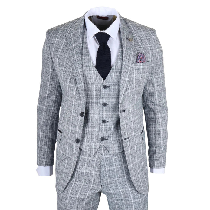 IM11 - Men's Light Blue 3 Piece Plaid Check Suit