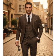 IM11 - Men's Dark Brown 3 Piece Plaid Check Suit