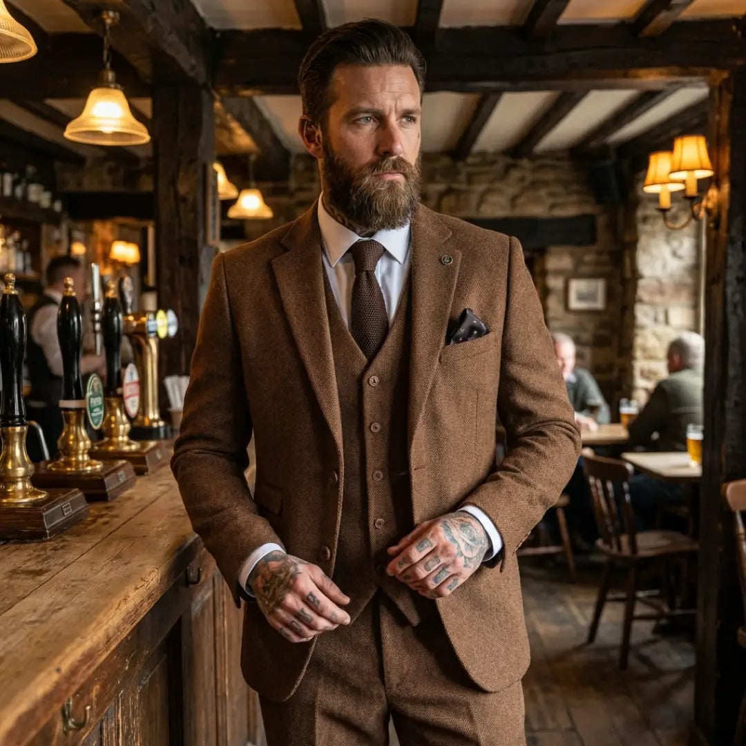 IM42 - Men's Brown 3 Piece Tweed Herringbone Suits