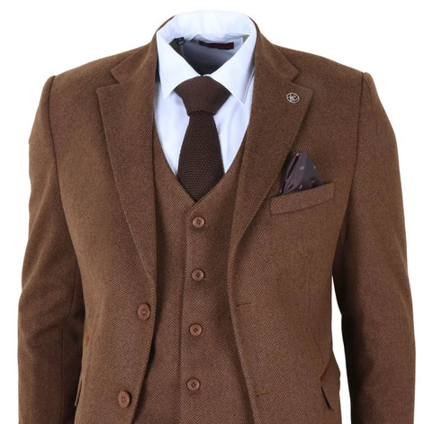 IM42 - Men's Brown 3 Piece Tweed Herringbone Suits
