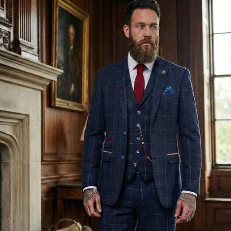 TP-32 - Men's Navy Blue 3 Piece Wool Blend Tweed Suit