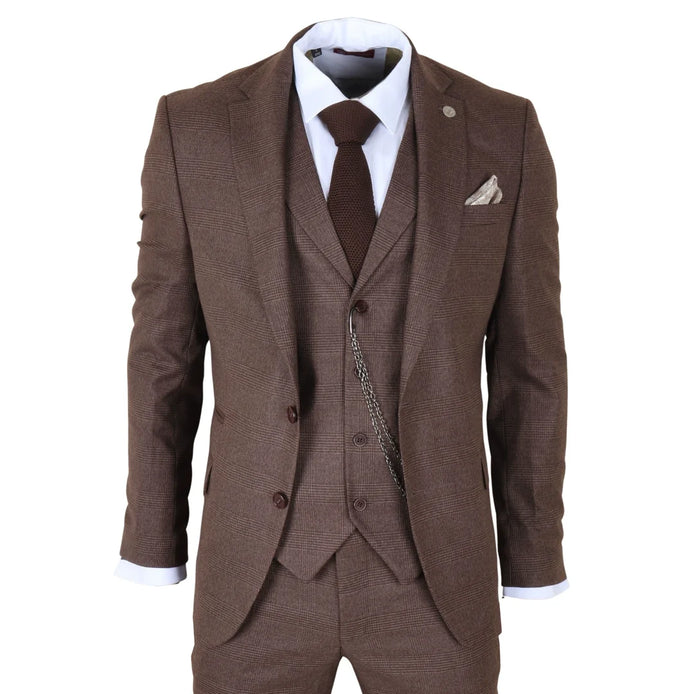 TP-50 - Men's Brown 3 Piece Prince of Wales Check Suit