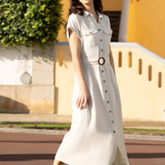 Yumi Stone Viscose Linen Look Midi Shirt Dress with Wooden Belt