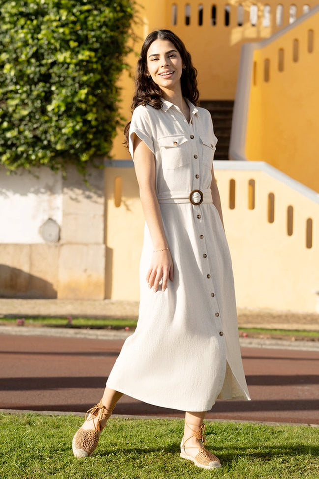 Yumi Stone Viscose Linen Look Midi Shirt Dress with Wooden Belt