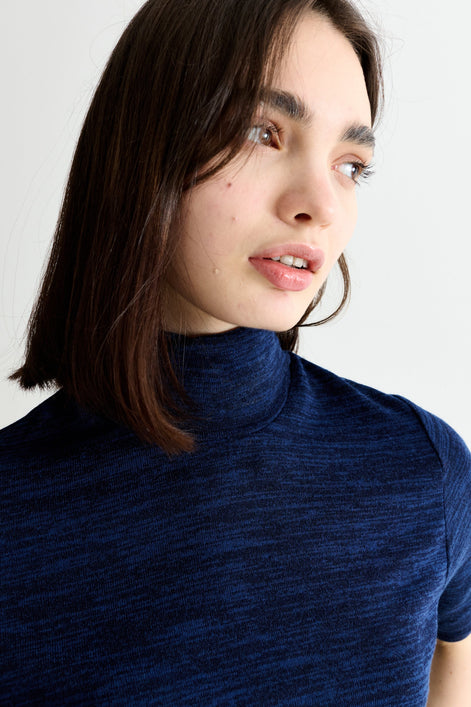 Vista Sustainable Marl Short Sleeve Polo Neck Top - Navy