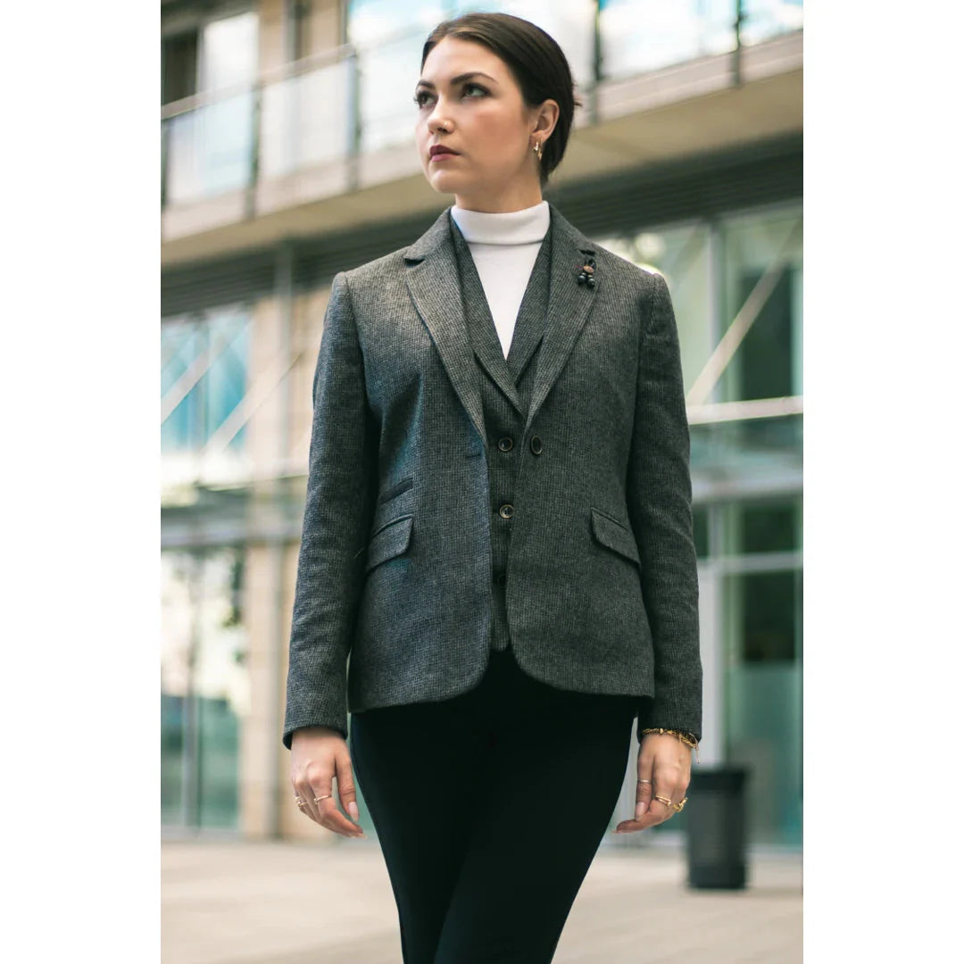 Wsn01 - Women Grey Suit Blazer Waistcoat & Trousers in Tweed Herringbone