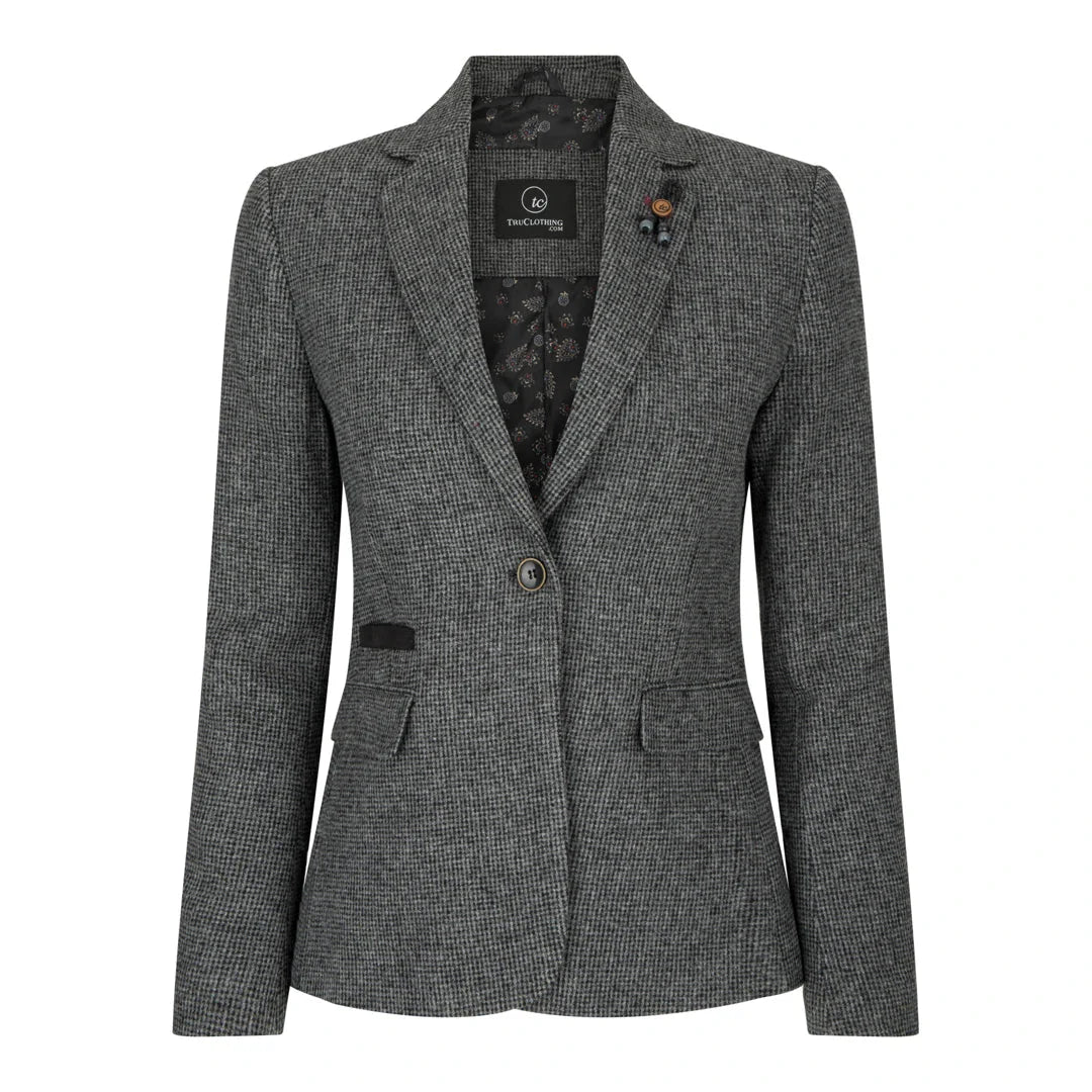 Wsn01 - Women Grey Suit Blazer Waistcoat & Trousers in Tweed Herringbone