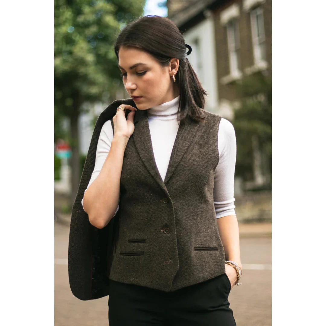 Wsn04 - Women's Brown Tweed Blazer Waistcoat & Trouser Classic Suit