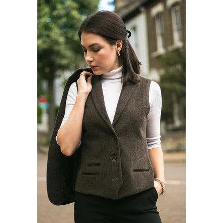 Wsn04 - Women's Brown Tweed Blazer Waistcoat & Trouser Classic Suit