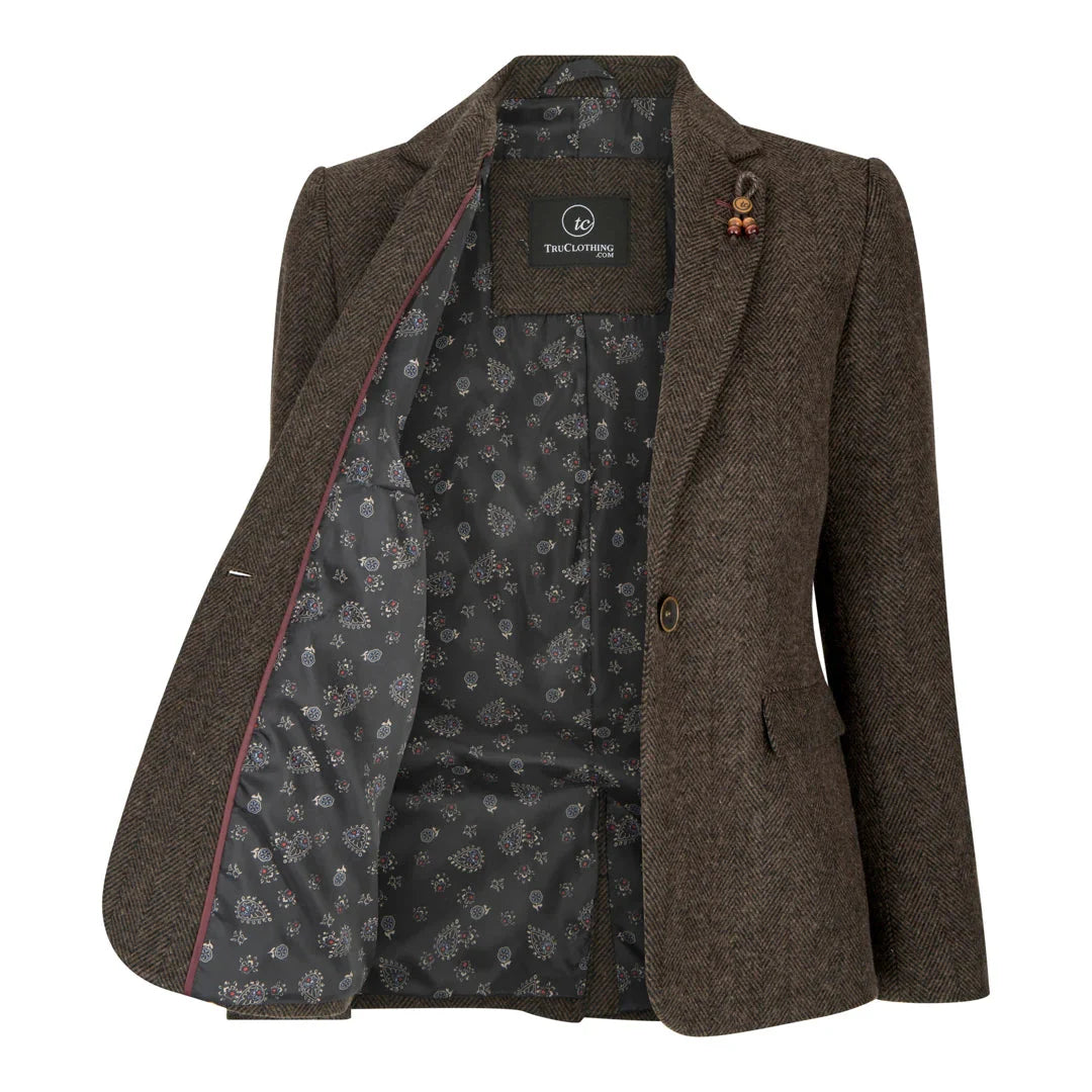 Wsn04 - Women's Brown Tweed Blazer Waistcoat & Trouser Classic Suit