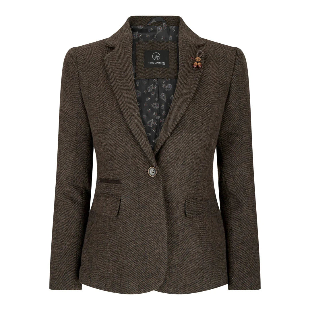 Wsn04 - Women's Brown Tweed Blazer Waistcoat & Trouser Classic Suit
