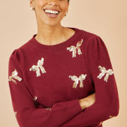 Yumi Burgundy Sequin All Over Applique Bow Knitted Jumper