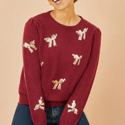 Yumi Burgundy Sequin All Over Applique Bow Knitted Jumper