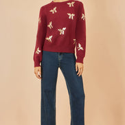 Yumi Burgundy Sequin All Over Applique Bow Knitted Jumper