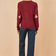 Yumi Burgundy Sequin All Over Applique Bow Knitted Jumper
