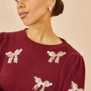 Yumi Burgundy Sequin All Over Applique Bow Knitted Jumper