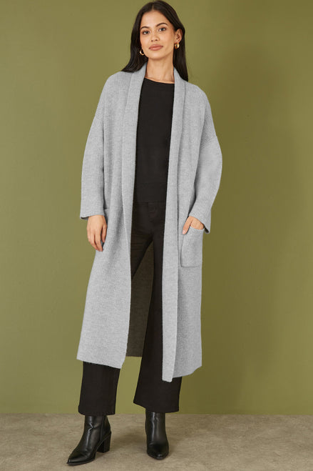 Yumi Grey Knitted Maxi Cardigan with Pockets