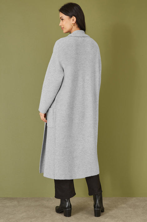 Yumi Grey Knitted Maxi Cardigan With Pockets