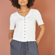 Yumi White Cotton Button Detail T-Shirt