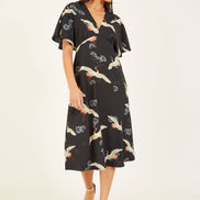 Black Crane Print Kimono Midi Dress