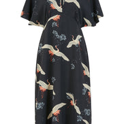 Black Crane Print Kimono Midi Dress