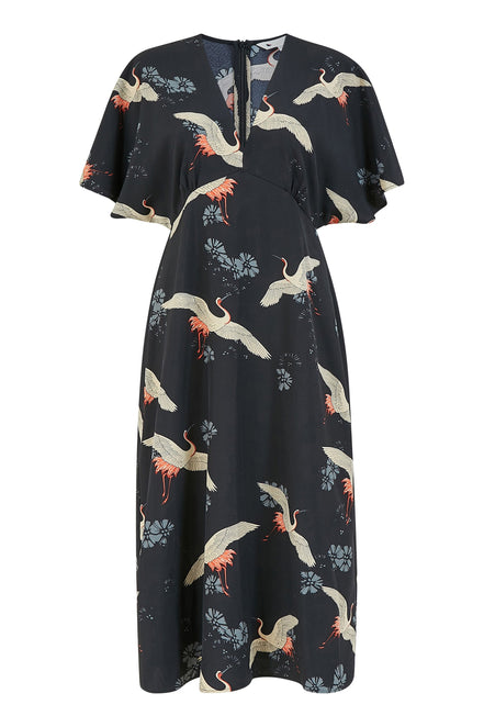 Black Crane Print Kimono Midi Dress