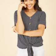 Yumi Navy Striped Jersey Button Detail Top