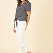 Yumi Navy Striped Jersey Button Detail Top