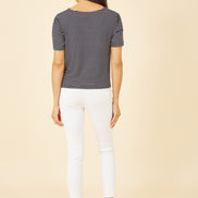 Yumi Navy Striped Jersey Button Detail Top