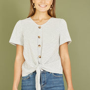 Yumi Grey Striped Jersey Button Detail Top
