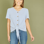 Yumi Blue Striped Jersey Button Detail Top