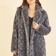 Yumi Grey Snakeskin Print Faux Fur Coat