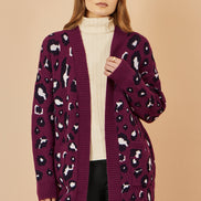 Yumi Burgundy Animal Intarsia Long Cardigan