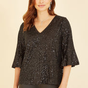 Yumi Black Sequin Top with Fluted Sleeve