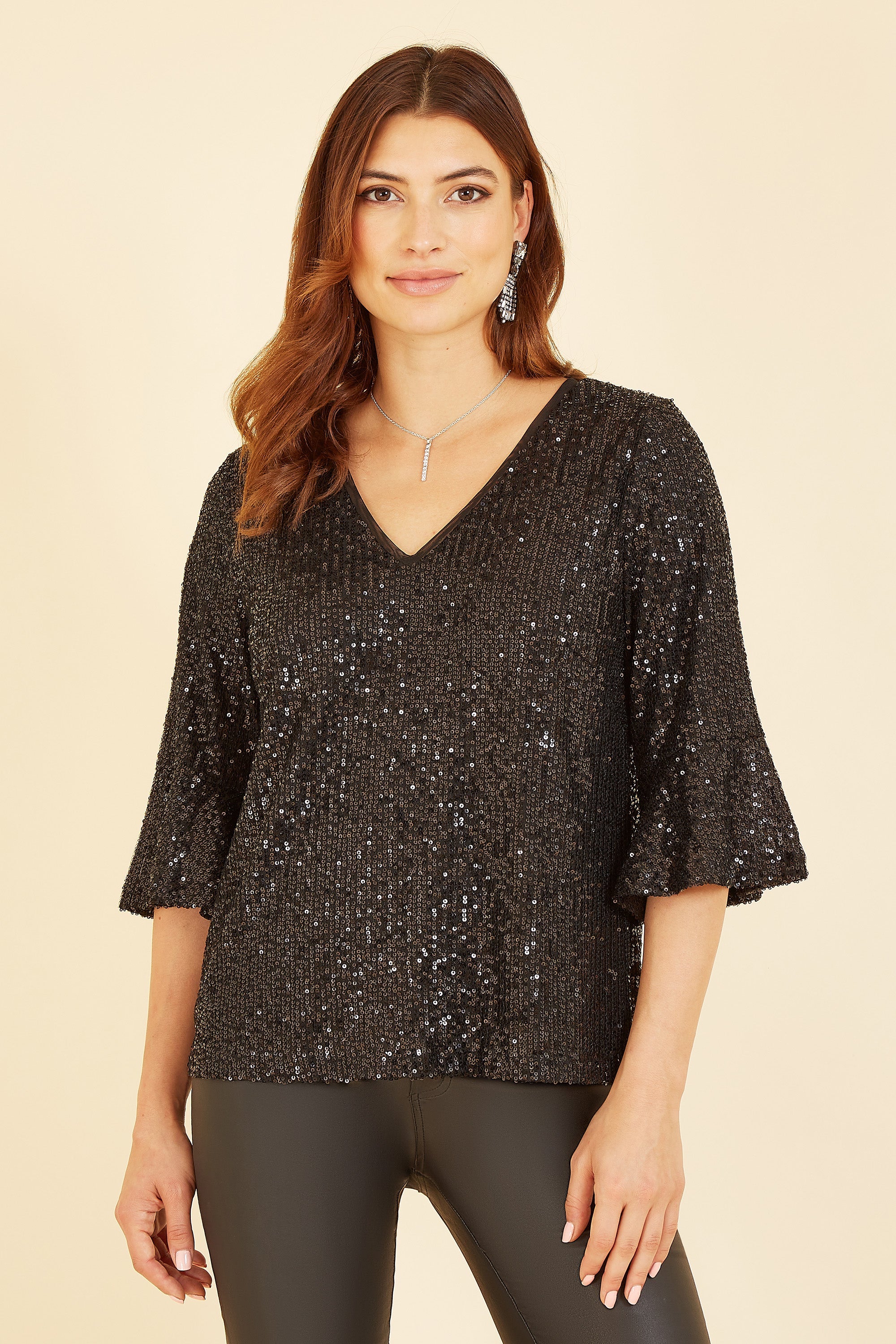 Yumi Black Sequin Top with Fluted Sleeve