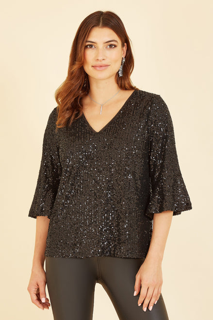 Yumi Black Sequin Top with Fluted Sleeve