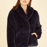Yumi Black Short Wrap Faux Fur Coat