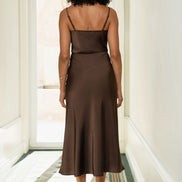Yumi Brown Satin Cowl Neck Midi Slip Dress