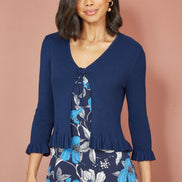 Yumi Navy Tie Up Ribbed Cardigan with Frill Hem