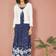 Yumi Ivory Tie Up Ribbed Cardigan with Frill Hem
