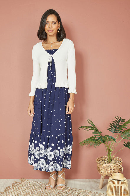 Yumi Ivory Tie Up Ribbed Cardigan with Frill Hem