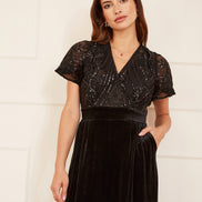 Yumi Black Sequin Embellished Velvet Jumpsuit with Angel Sleeves