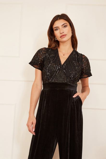 Yumi Black Sequin Embellished Velvet Jumpsuit with Angel Sleeves