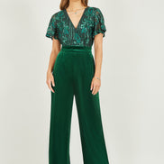 Yumi Green Sequin Embellished Velvet Jumpsuit with Angel Sleeves