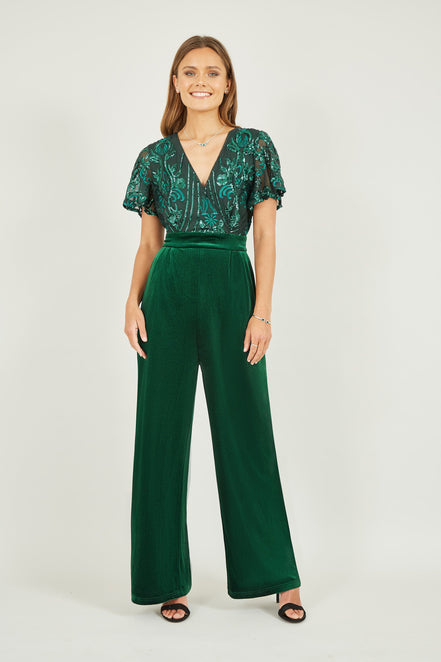 Yumi Green Sequin Embellished Velvet Jumpsuit with Angel Sleeves