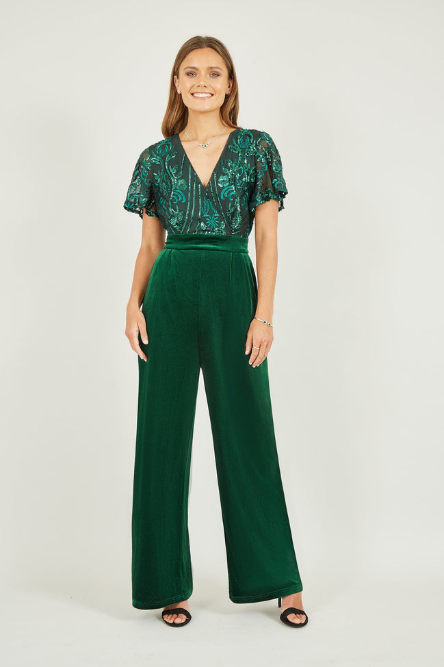 Yumi Green Sequin Embellished Velvet Jumpsuit with Angel Sleeves