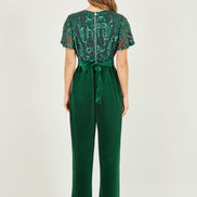Yumi Green Sequin Embellished Velvet Jumpsuit with Angel Sleeves