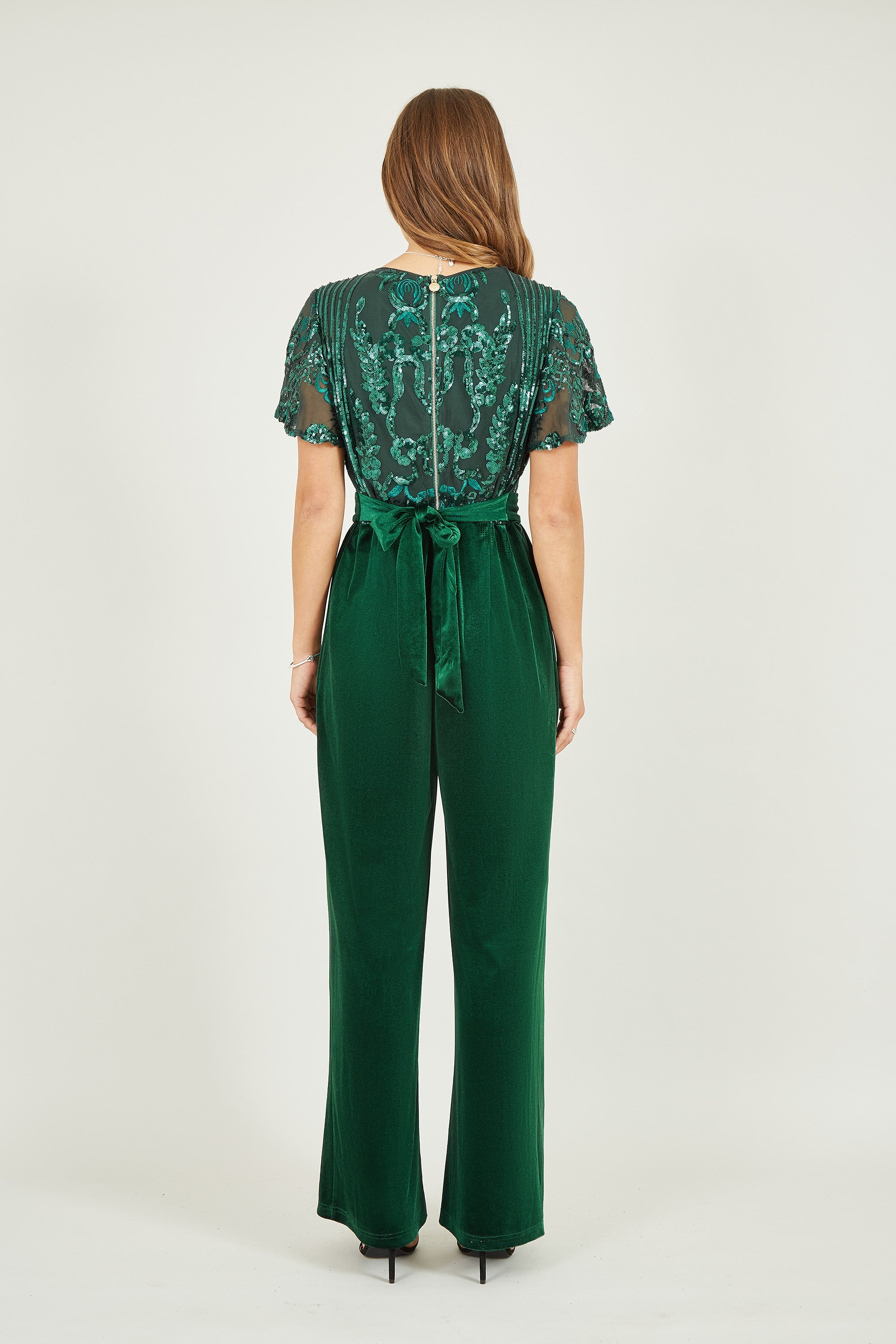 Yumi Green Sequin Embellished Velvet Jumpsuit with Angel Sleeves