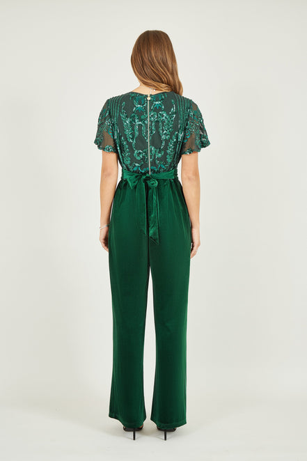 Yumi Green Sequin Embellished Velvet Jumpsuit with Angel Sleeves